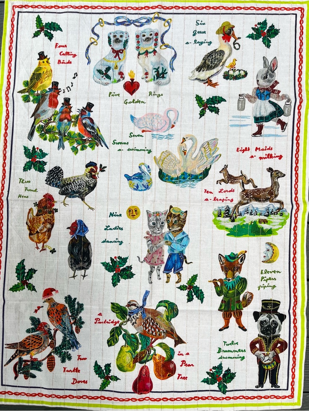 Anthropologie Nathalie Lete Dish Towel Twelve 12 Days of Christmas Animals NEW
